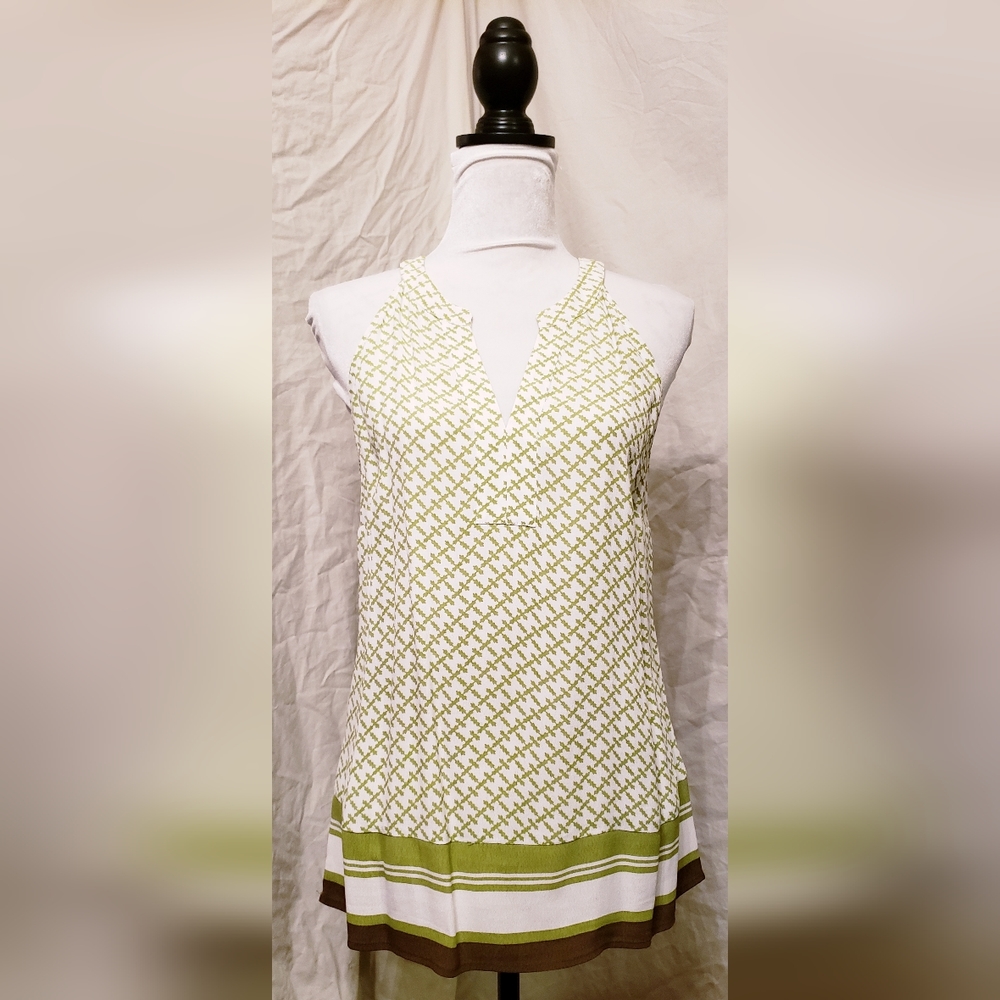 Banana Republic Green/Brown Abstract Print Sleeveless Halter Tunic Blouse
